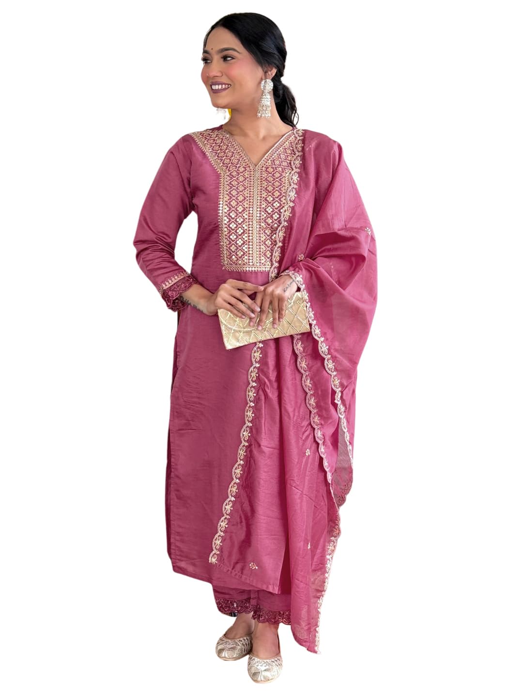 Naixa Womens Gajri Chanderi Viscose Embroidered Straight Kurta with Chanderi Viscose Pant and Chanderi Embroidered Laced Dupatt