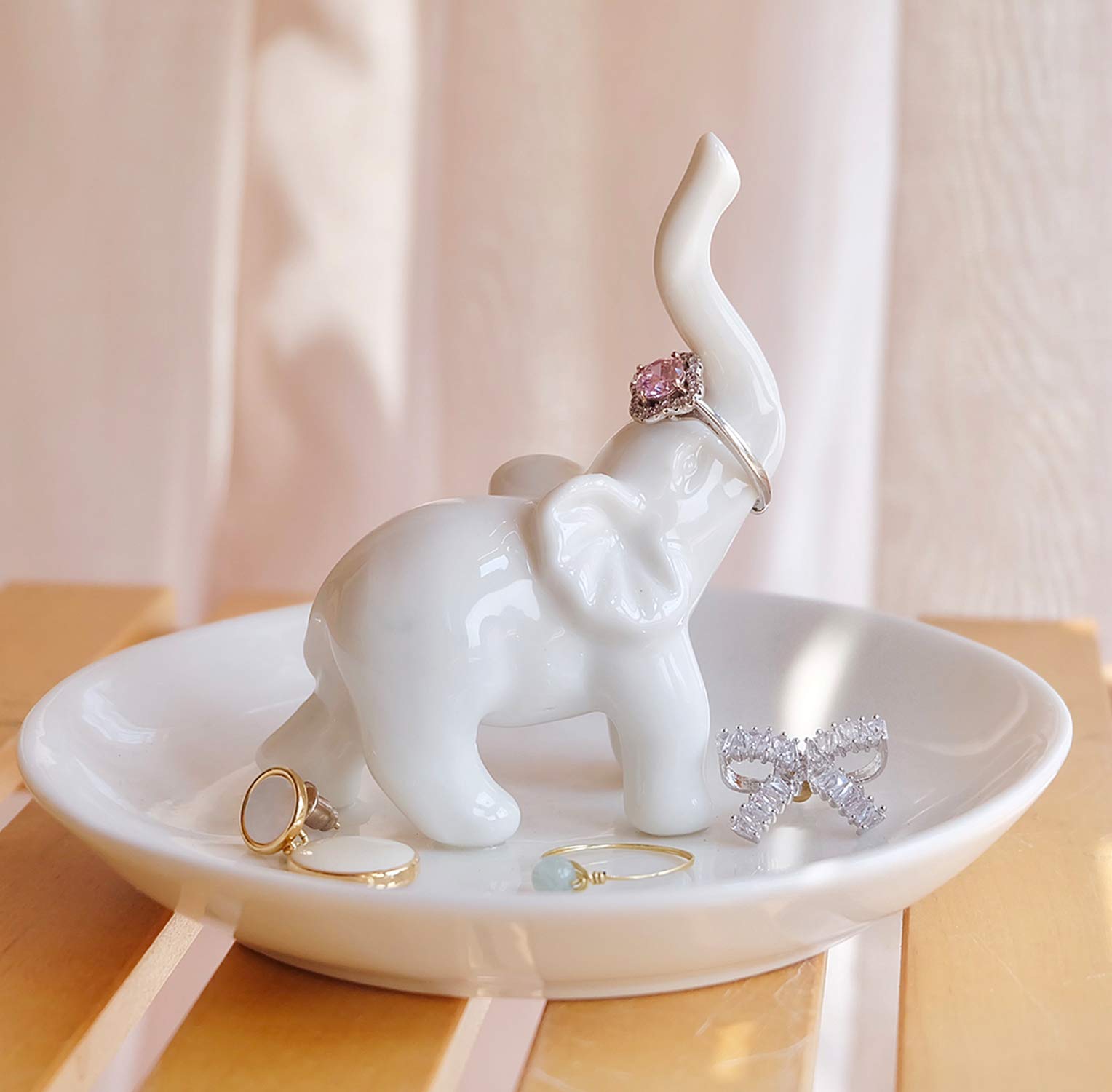 PUDDING CABIN White Elephant Ring Holder Dish Ring Tray for Jewelry | Elephant Gifts for Women Christmas | Birthday Gifts for Wo