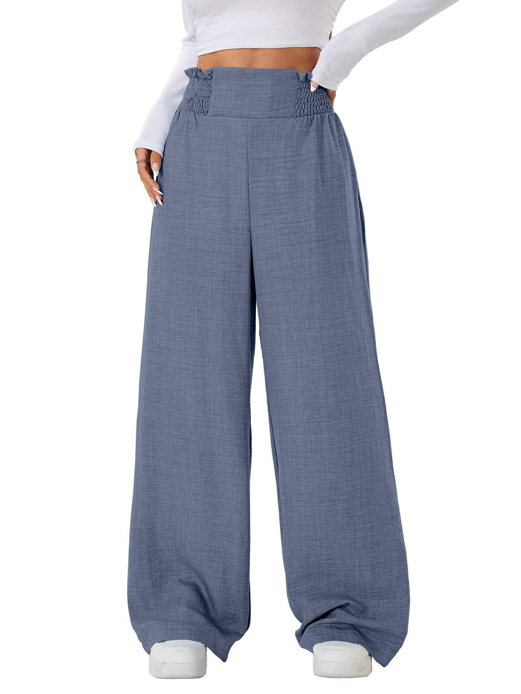 Sugathari Womens Denim Blue Casual Wide Leg Pants  High Waist Elastic Waistband Loose Fit Long Trousers | Lightweight Straight 