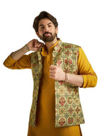 Sojana (Since 1958) Mens Cotton Linen Pista Green & Multi Printed ONLY Nehru Jacket