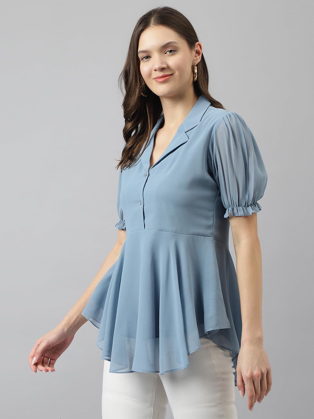 Toochki Light Blue Georgette Solid Western Flared high Low top for Women Latest Trendy Tops
