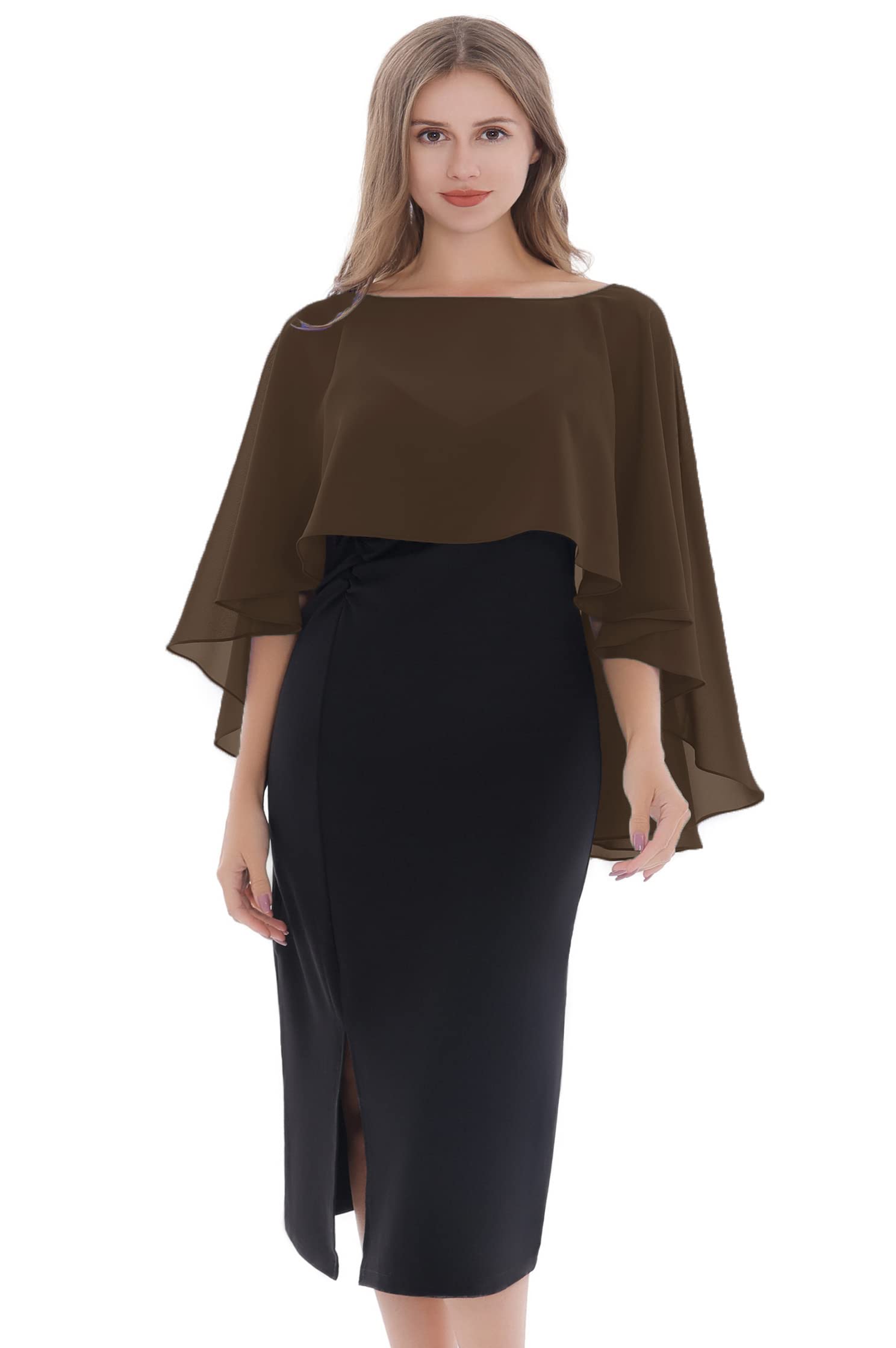 Chiffon Capes Soft Shawls and Wraps Capelets for Bridesmaid Wedding Formal Party Evening Dresses (Brown)