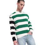 Bewakoof Mens Striped Oversized Fit Full Sleeve Round Neck Acrylic Sweater Green