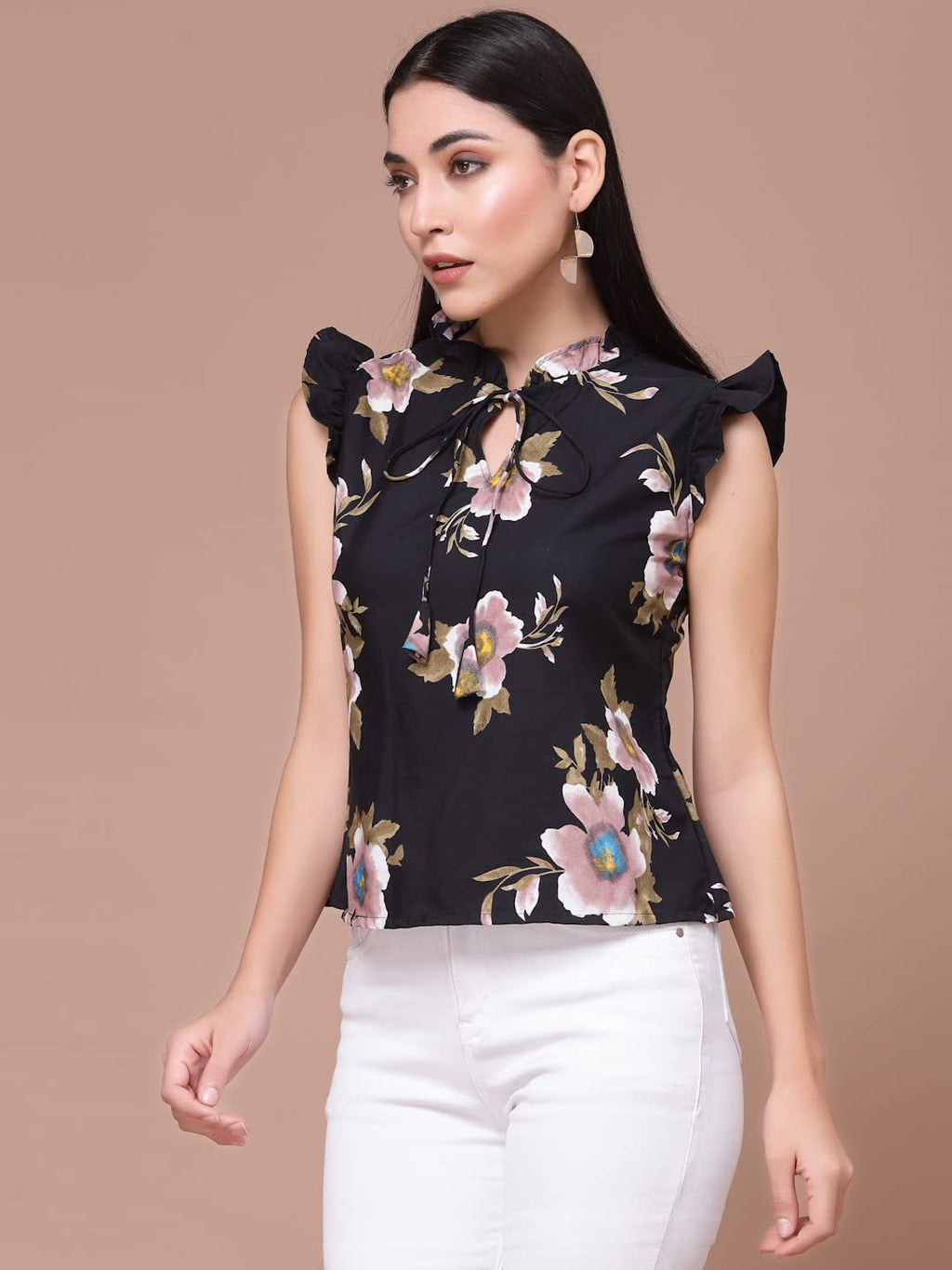 OOMPH! Womens Crepe Printed top with Tie Neck and Ruffle Sleeve