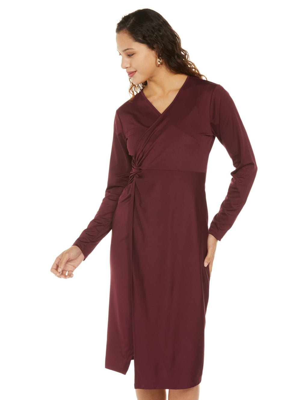 Ketch WomenS Polyester Blend Wrap Knee Length Dress (Khj6000450_Burgundy_Xl)