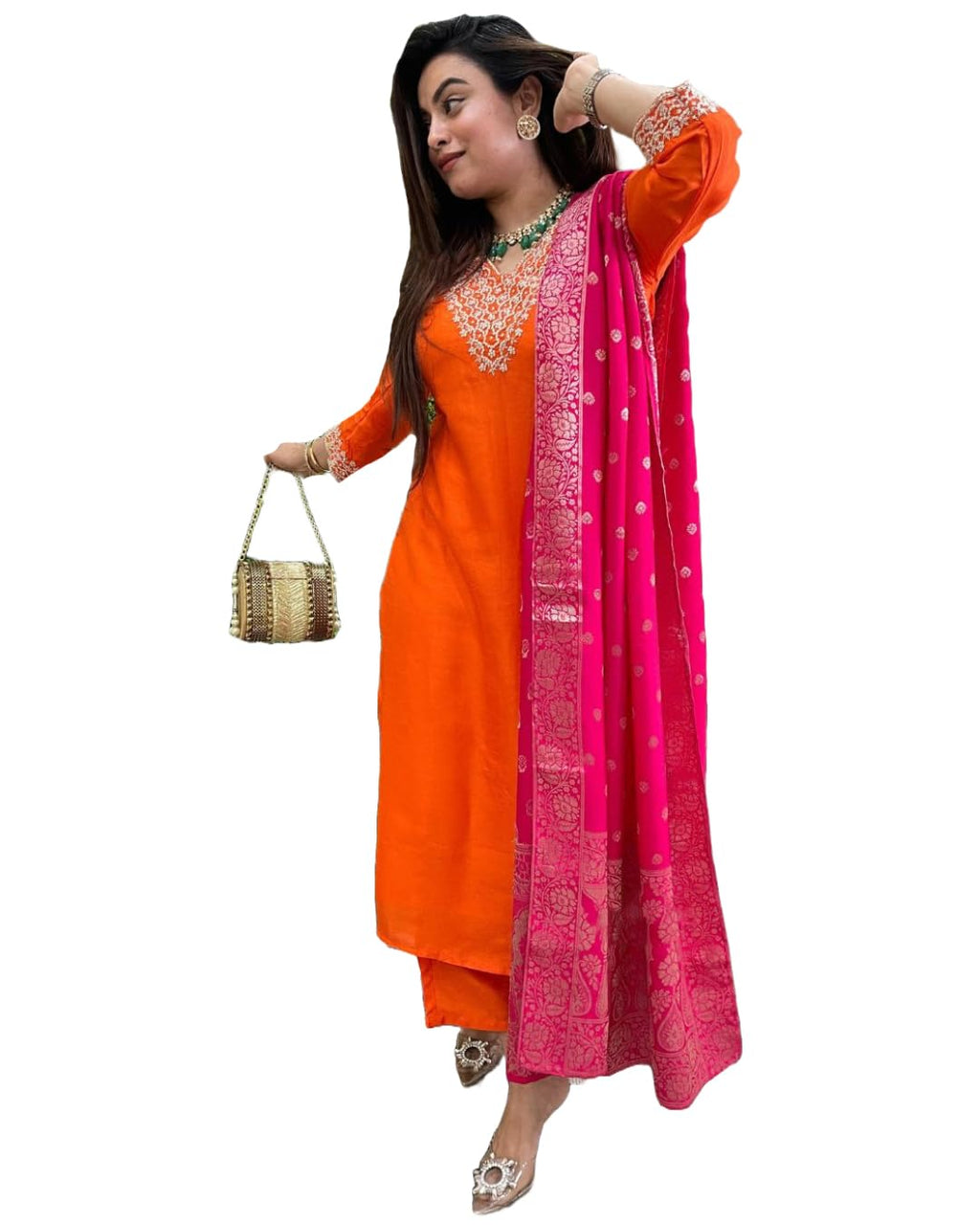 ANNI DESIGNER Women s viscose rayon embroidered straight Kurta with trousers and dupatta, Orange, 44