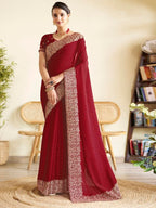 Satrani Womens Vichitra Silk Hot Fixing Embroidery Border Saree with Unstitched Blouse Piece