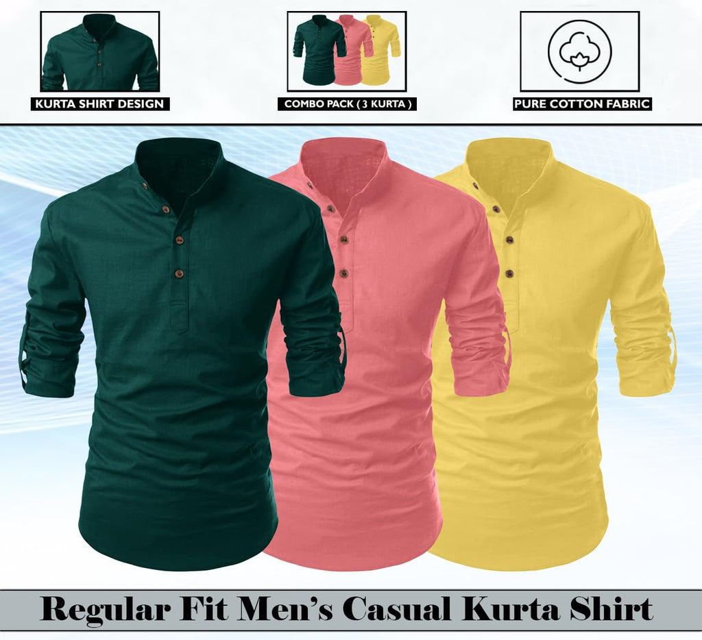 Finivo Fashion Combo Of MenS Cotton Blend Solid Full Sleeve Short Kurta