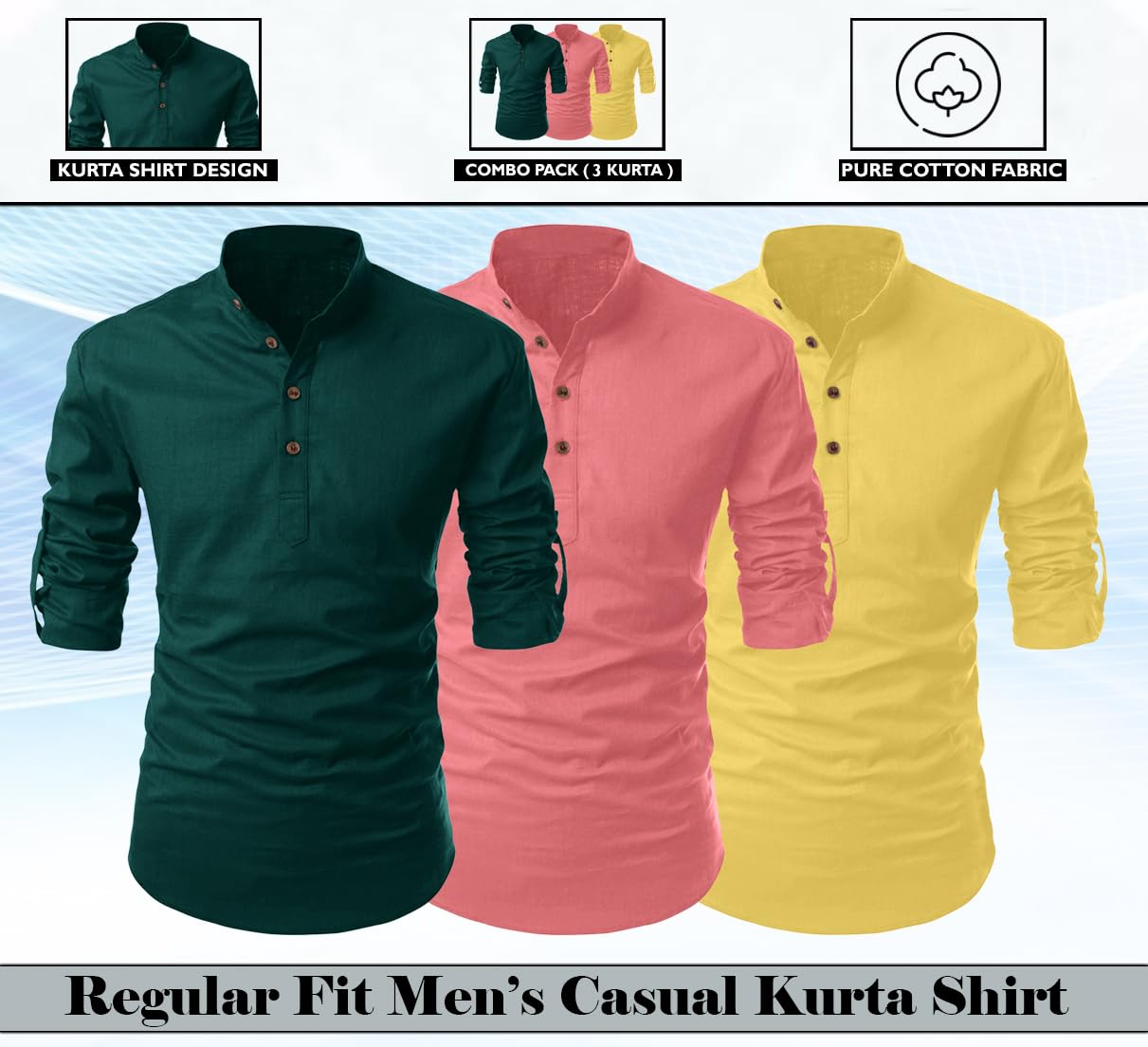 Finivo Fashion Combo Of MenS Cotton Blend Solid Full Sleeve Short Kurta