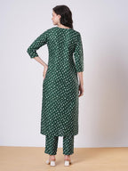 ANNI DESIGNER Women s Bandhani Print Straight Viscose Rayon Kurta with Pants, Green, L