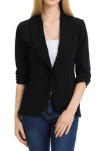 MINEFREE Women's 3/4 Ruched Sleeve Lightweight Work Office Blazer Jacket Black L