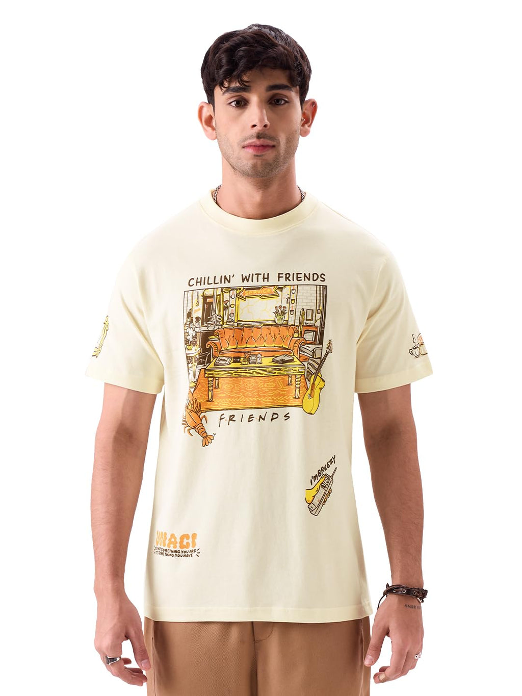 The Souled Store Official F.R.I.E.N.D.S: Chillin Men and Boys Regular Fit Half Sleeve Graphic Printed Cotton Yellow Color T-Shi