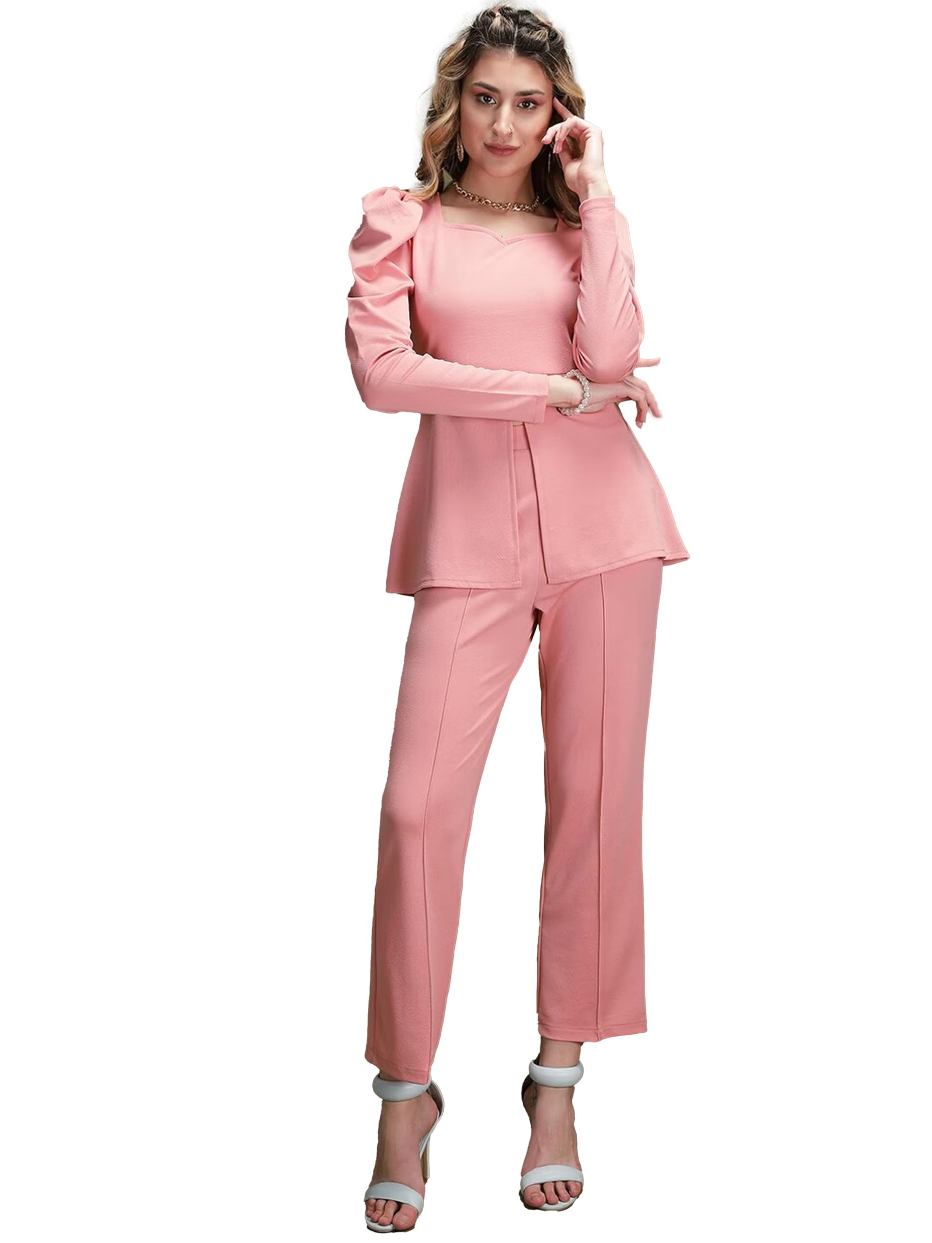 Elliti Solid Relaxed Fit Full Sleeve Co-Ord Set For Women'S | Coord Sets | Top And Formal Trouser Co Ord Set For Women (Set Of 2