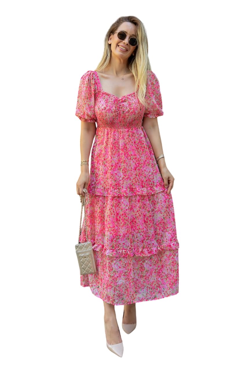 Sheetal Associates Womens Floral Puff Sleeve High Waist A Line Flowy Long Dress (XX-Large, Pink)