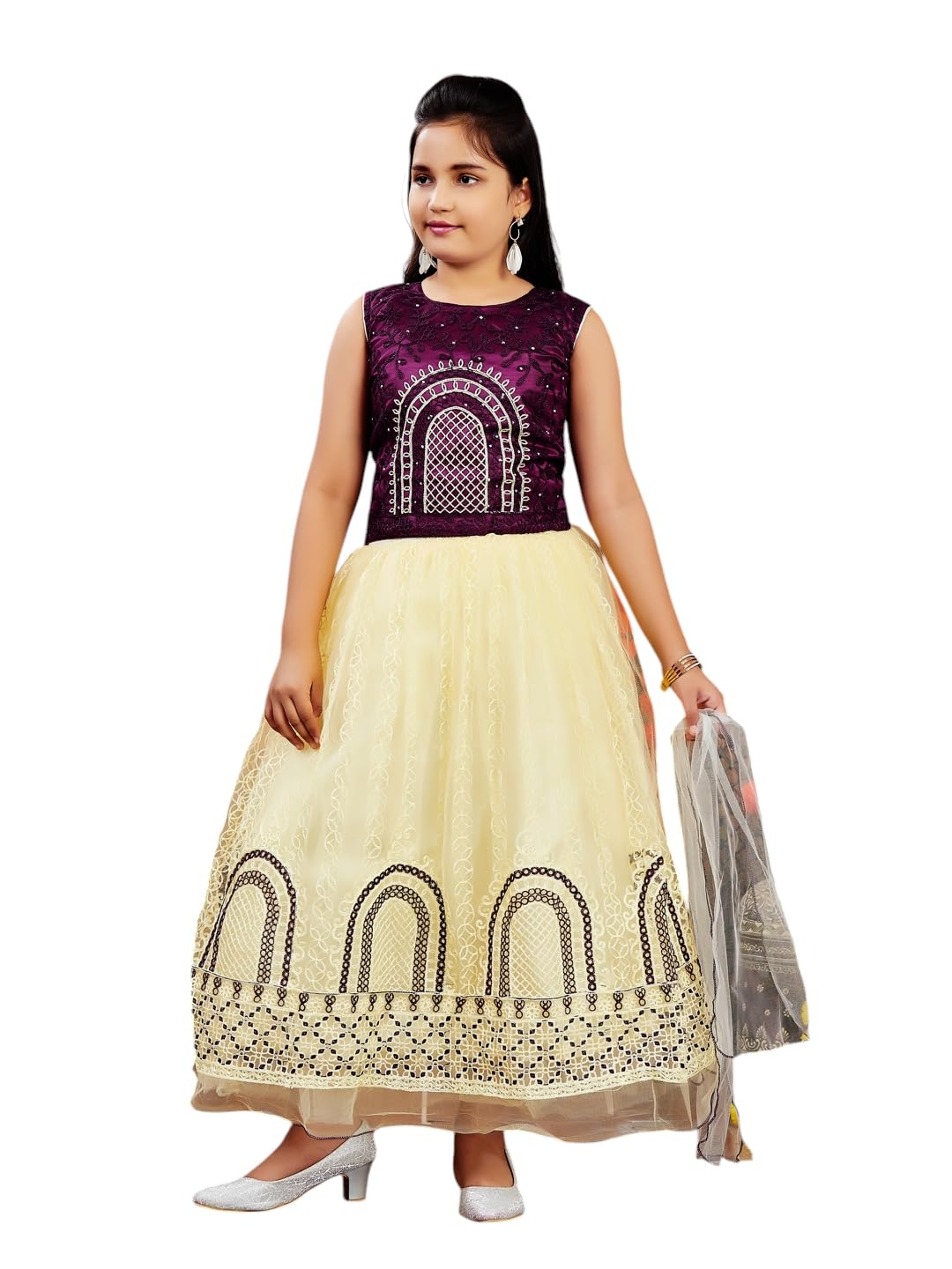 Aarika Girls Ethnic Wear Purple-Beige Colour Thread Embroidery Net Lehenga Choli Set (4-10 Years)