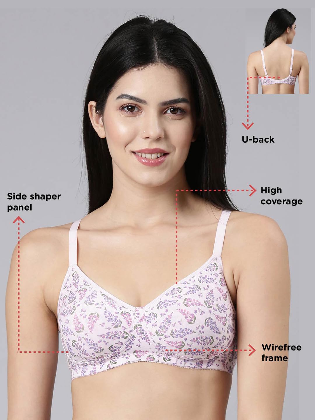 Enamor Womens Cotton Wire Free Casual Full-Coverage Bra (A042_Lupine Print