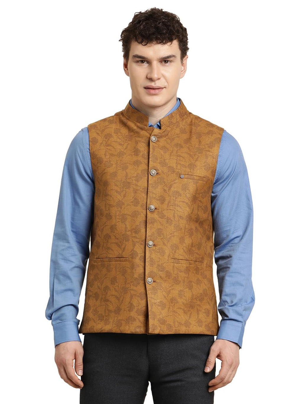 Turtle Men Brown Polycotton Printed Party Nehru Jacket