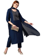 ANNI DESIGNER Womens Cotton Blend Solid Straight Kurta with Pants & Dupatta (Indira-Cerosin_XL_Dark Blue_X-Large)