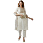 Gufrina WomenS Cotton Blend Kurta Pant With Round Neck 3/4Th Sleeves Solid Pattern Embroidery Work Regular Fit And Calf Length
