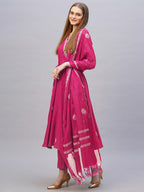 ANNI DESIGNER Women s Anarkali Printed Rayon Blend Kurta with Pants and Dupatta, Pink, XL