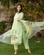 ANNI DESIGNER Womens Chanderi Cotton Straight Printed Kurta with Pant & Dupatta (Idika Green_XXL_Green_XX-Large)