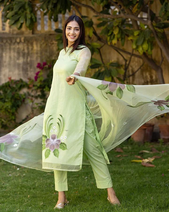 ANNI DESIGNER Womens Chanderi Cotton Straight Printed Kurta with Pant & Dupatta (Idika Green_XXL_Green_XX-Large)