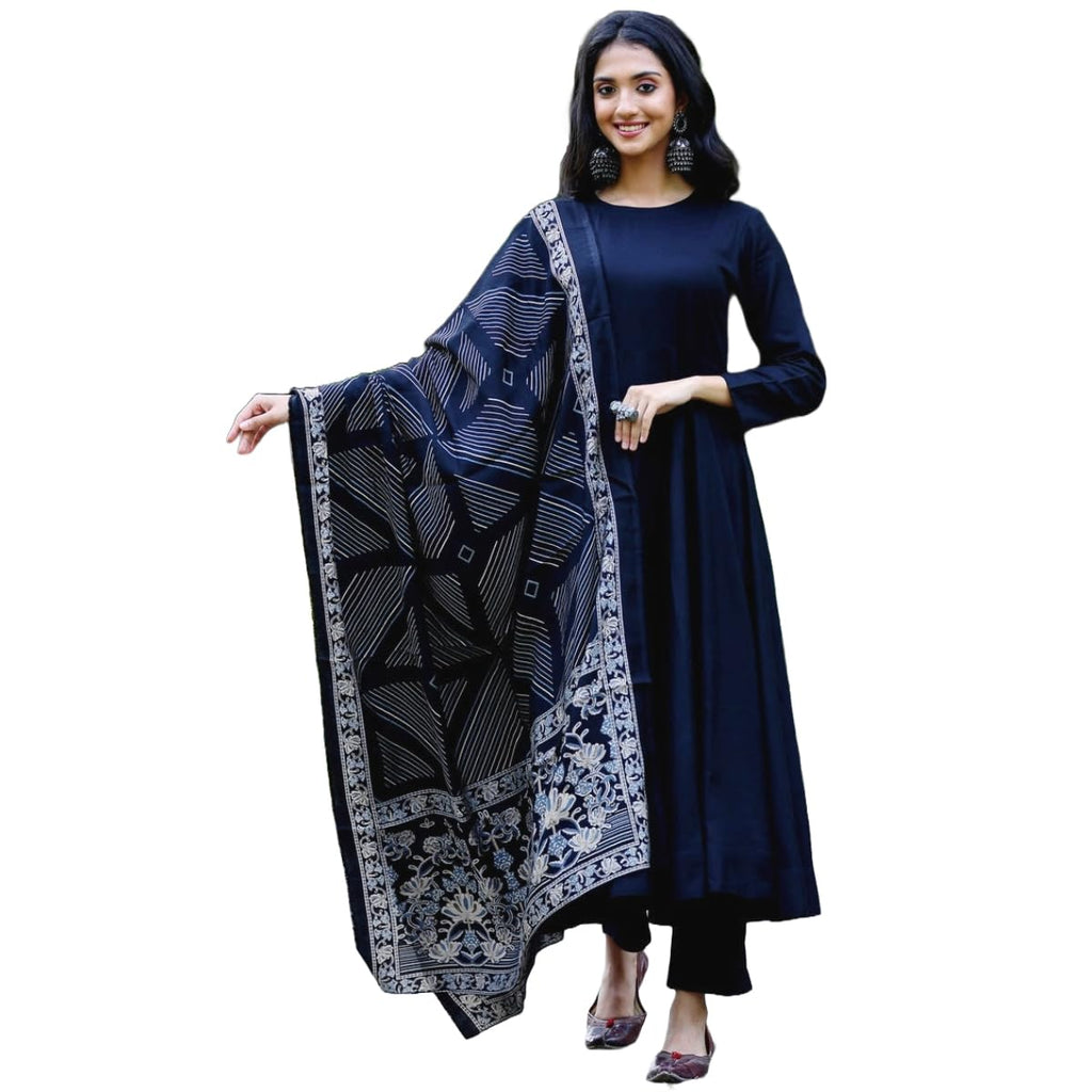 ANNI DESIGNER Women s Anarkali Plain Rayon Blend with Trousers and Dupatta, Light Brown::Blue, S