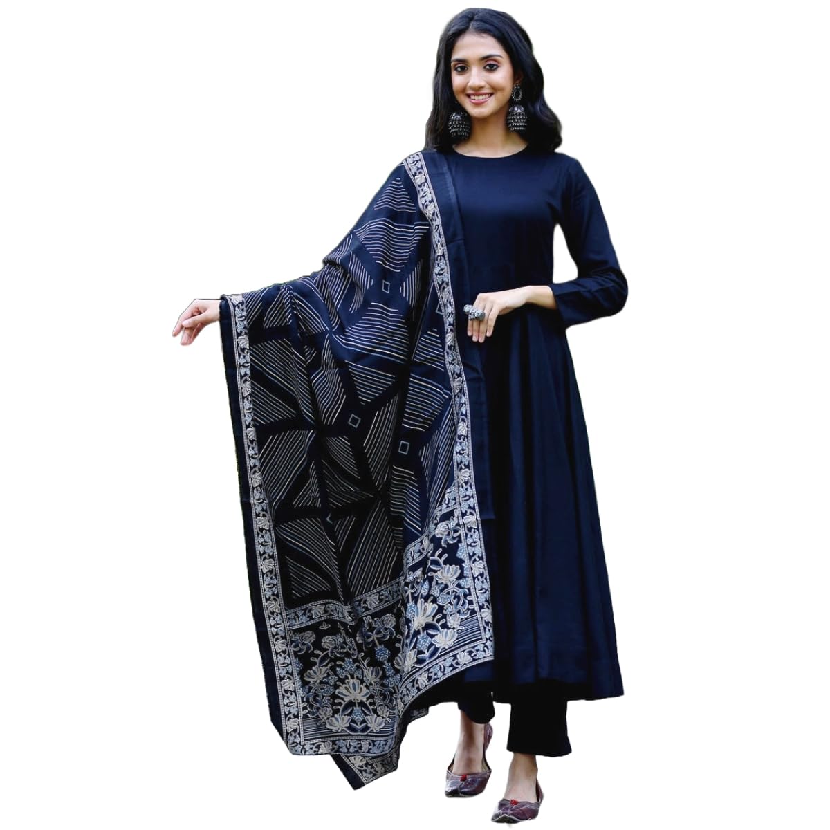 ANNI DESIGNER Womens Rayon Blend Solid Anarkali Kurta with Pant & Dupatta (Friday Blue_XL_Blue_X-Large)