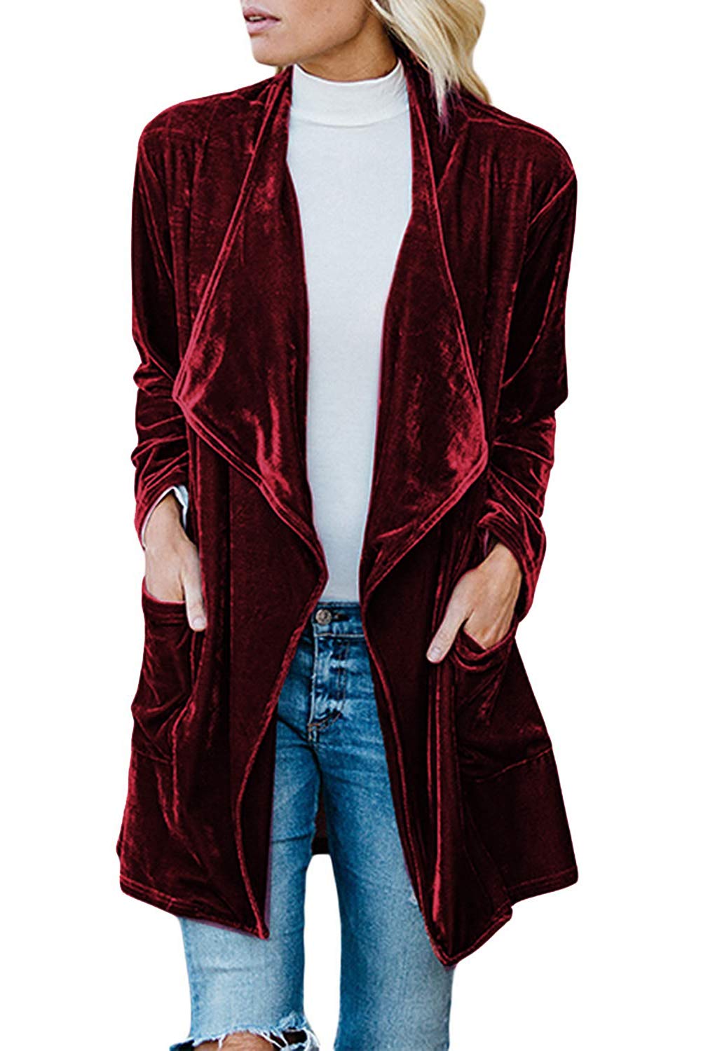 futurino Womens Solid Long Sleeve Velvet Jacket Open Front cardigan coat with Pockets Outerwear