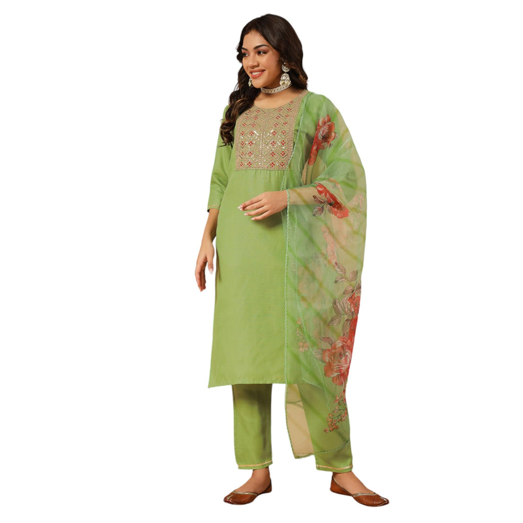 Gufrina Women'S Cotton Blend Kurta Pant With Round Neck 3/4Th Sleeves Solid Pattern Embroidery Work Regular Fit And Calf Length