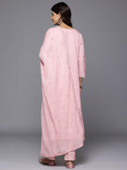 Varanga Women Peach Floral Thread Embroidered Sequins Embellished With Lace Deatiled Kurta With Bottom And Dupatta