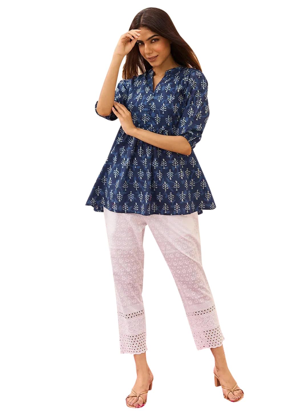 Libas Womens Printed Cotton A-Line Kurti for Women Indigo