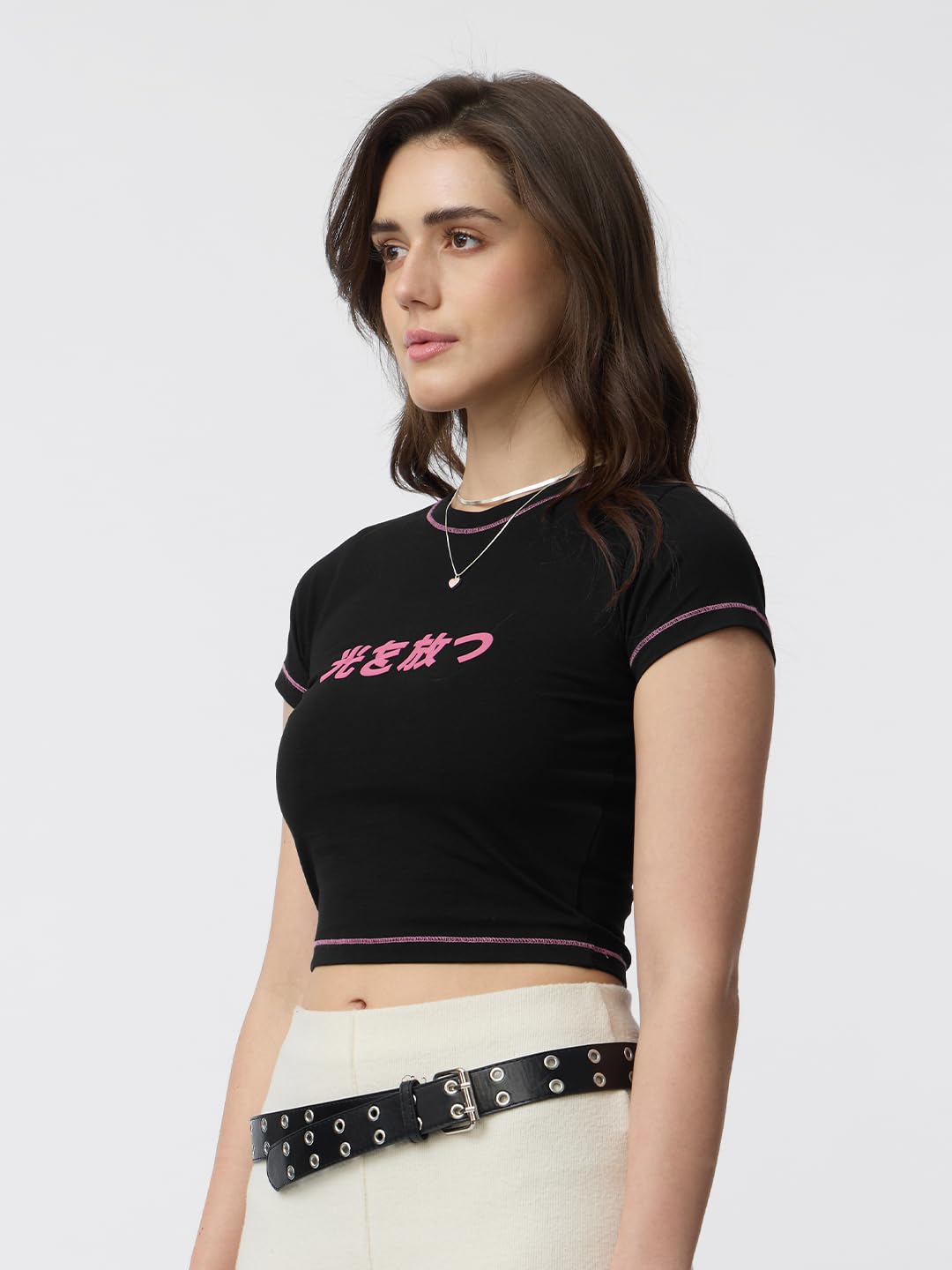 The Souled Store Crop Top: Hikari Women and Girls Short Sleeves Round Neck Black Printed Cotton Blend Slim Fit Cropped Tops