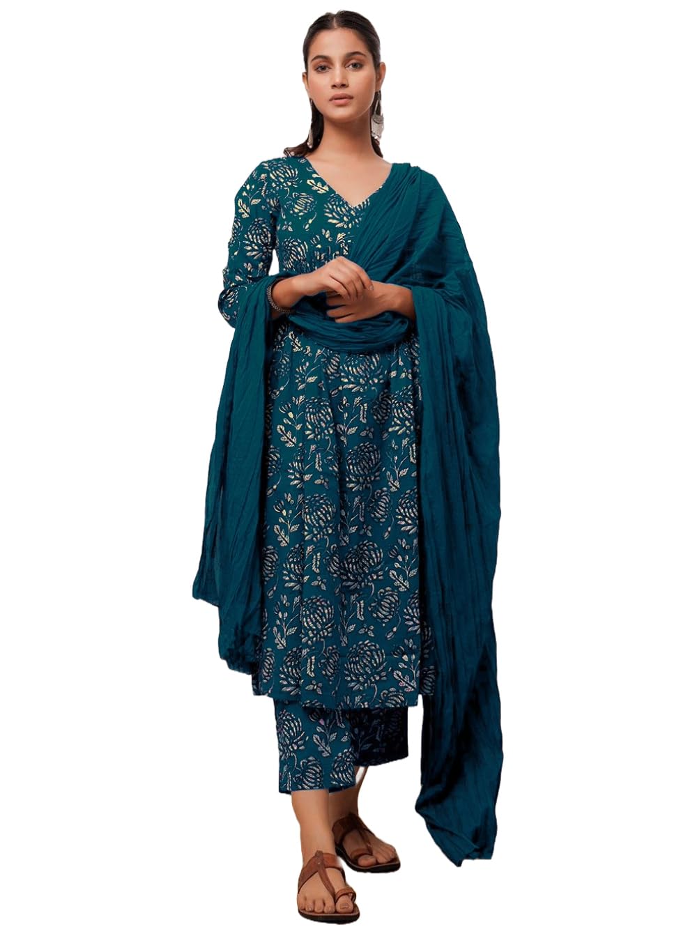 ANNI DESIGNER Womens Rayon Blend Anarkali Printed Kurta with Pant & Dupatta (Dabu Kerosin_L_Dark Blue_Large)