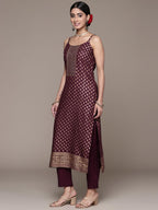 Ishin Women'S Viscose Rayon Printed Burgundy Straight Kurta Suit Set With Pants