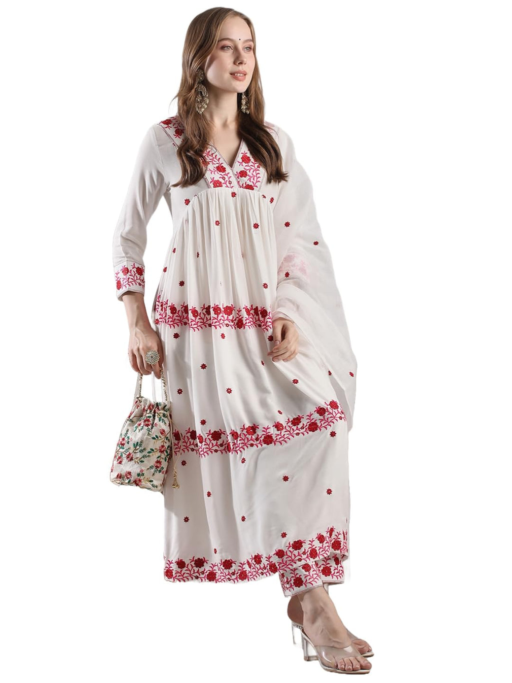 ANNI DESIGNER Women s Printed Rayon Blend Kurta with Pants and Dupatta, cream, L