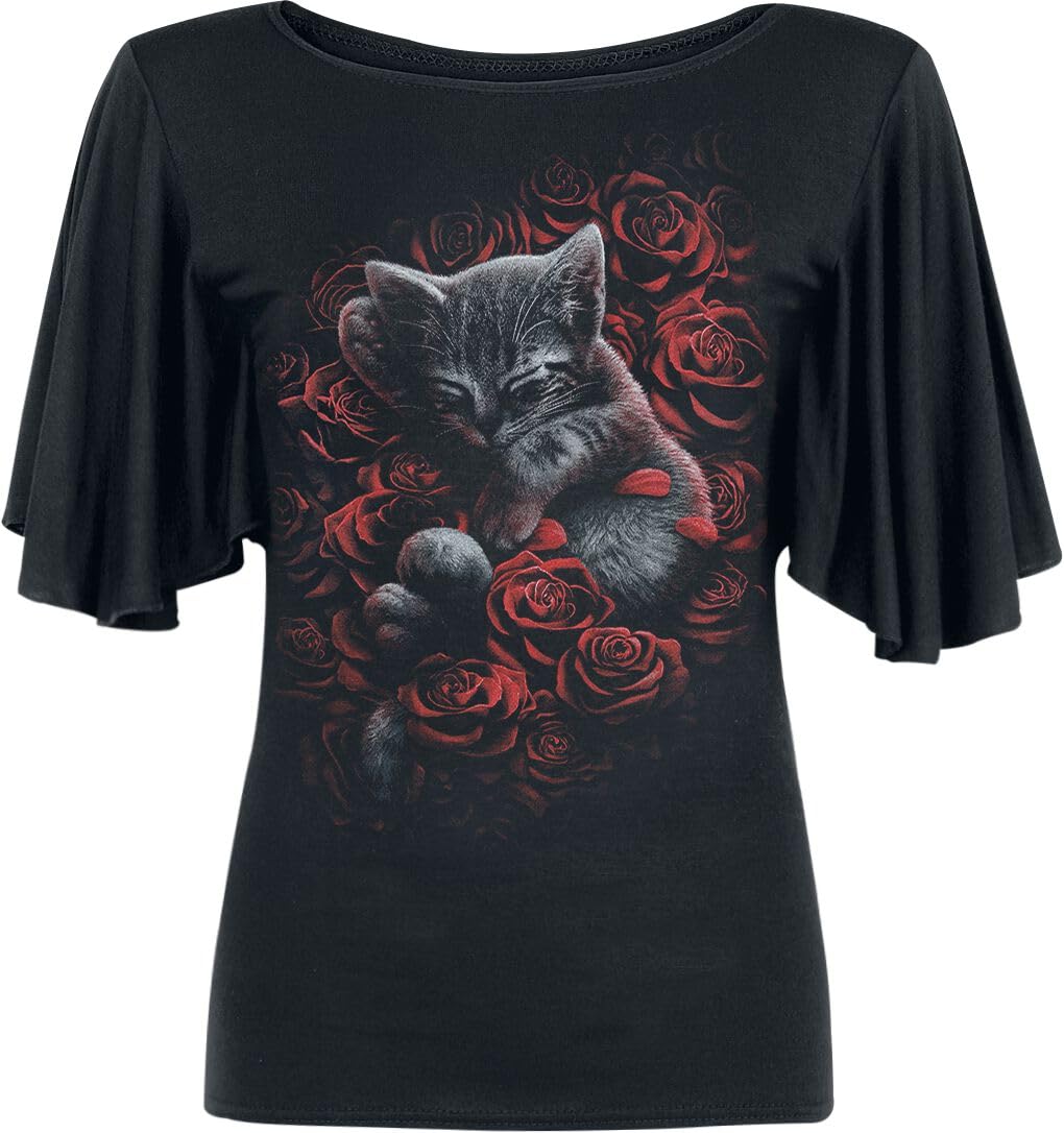 Spiral - BED OF ROSES - Boat Neck Bat Sleeve Top Black - L
