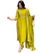 ANNI DESIGNER Womens Silk Blend Straight Embroidered Kurta with Pant & Dupatta (Deluxe GREEN-VKS01_XL_Green_X-Large)