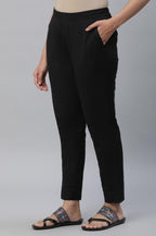 Aurelia Black Solid Cotton Blend Regular Trousers for Women