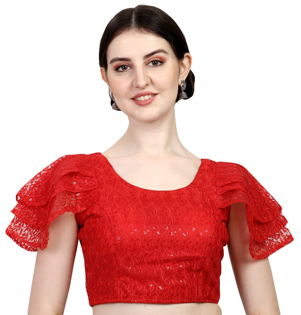 Pujia Mills Womens Shipali Net Work Ruffle Sleeves Readymade Saree Blouse (Shipli Jhadu Red_Red_38 Size + Margin)