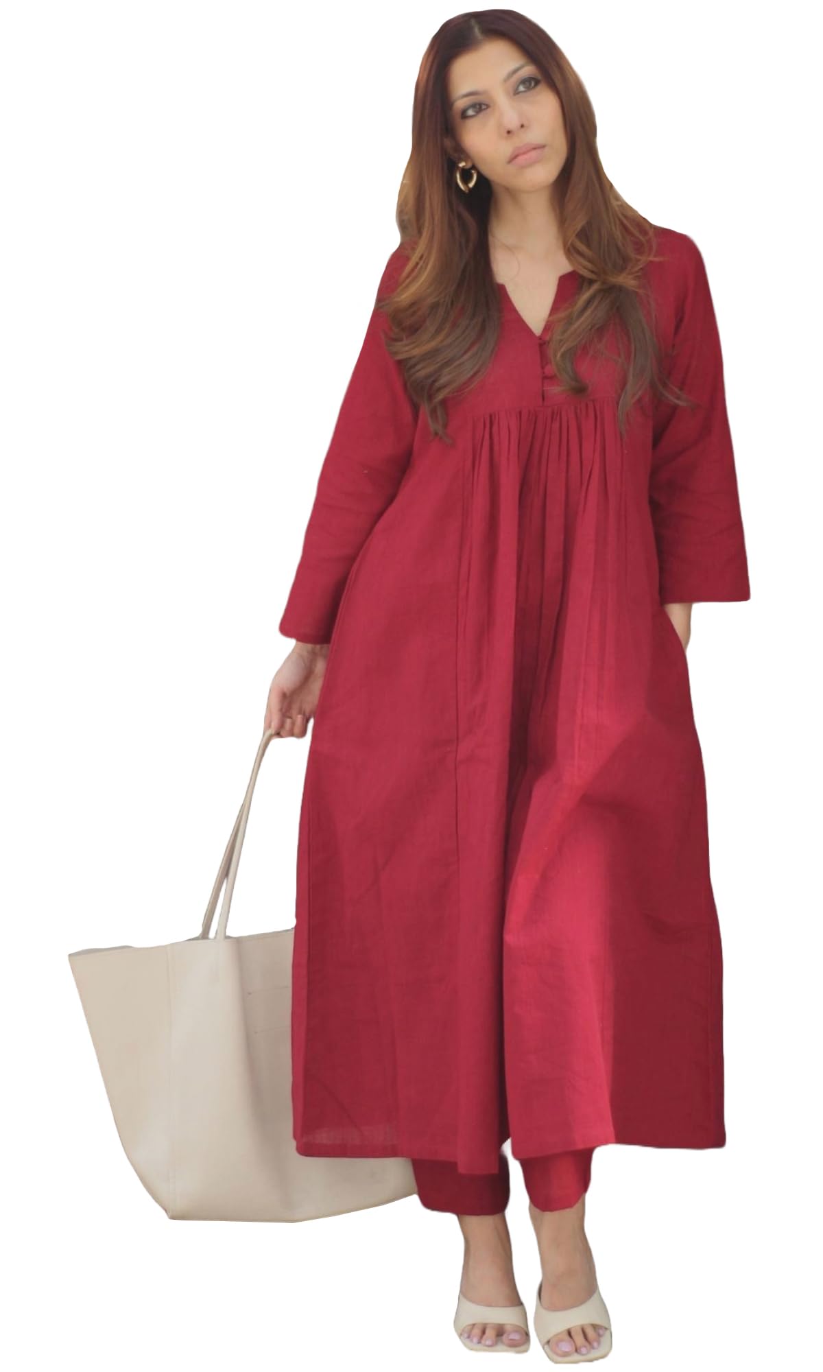 ANNI DESIGNER Women 's Plain Viscose A-Line Kurta with Trousers, Red, Small