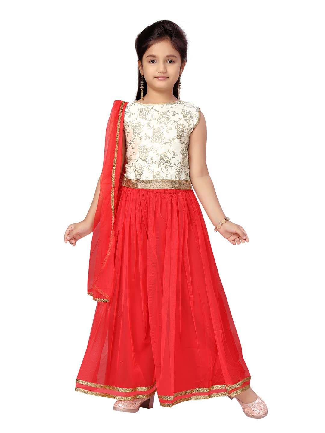 Aarika GirlS Silk,Net Lehenga Choli Set (Pl-A-22146_Cream-Gajri_8-9 Years)