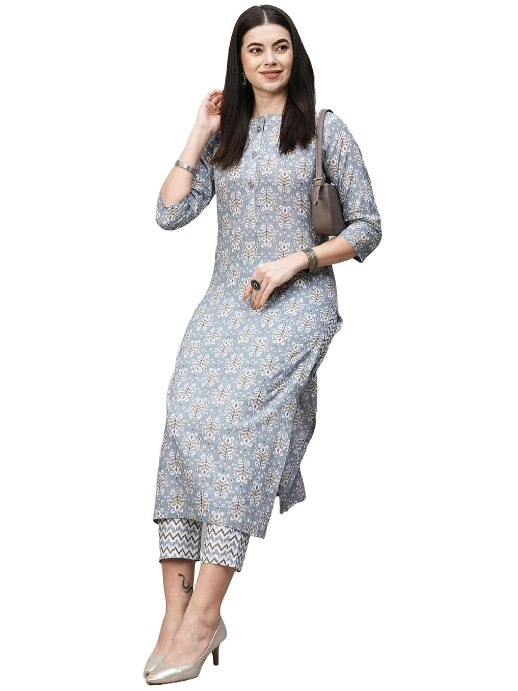 ANNI DESIGNER Womens Cotton Blend Straight Printed Kurta with Pant (Babita Grey_S_Grey_Small)