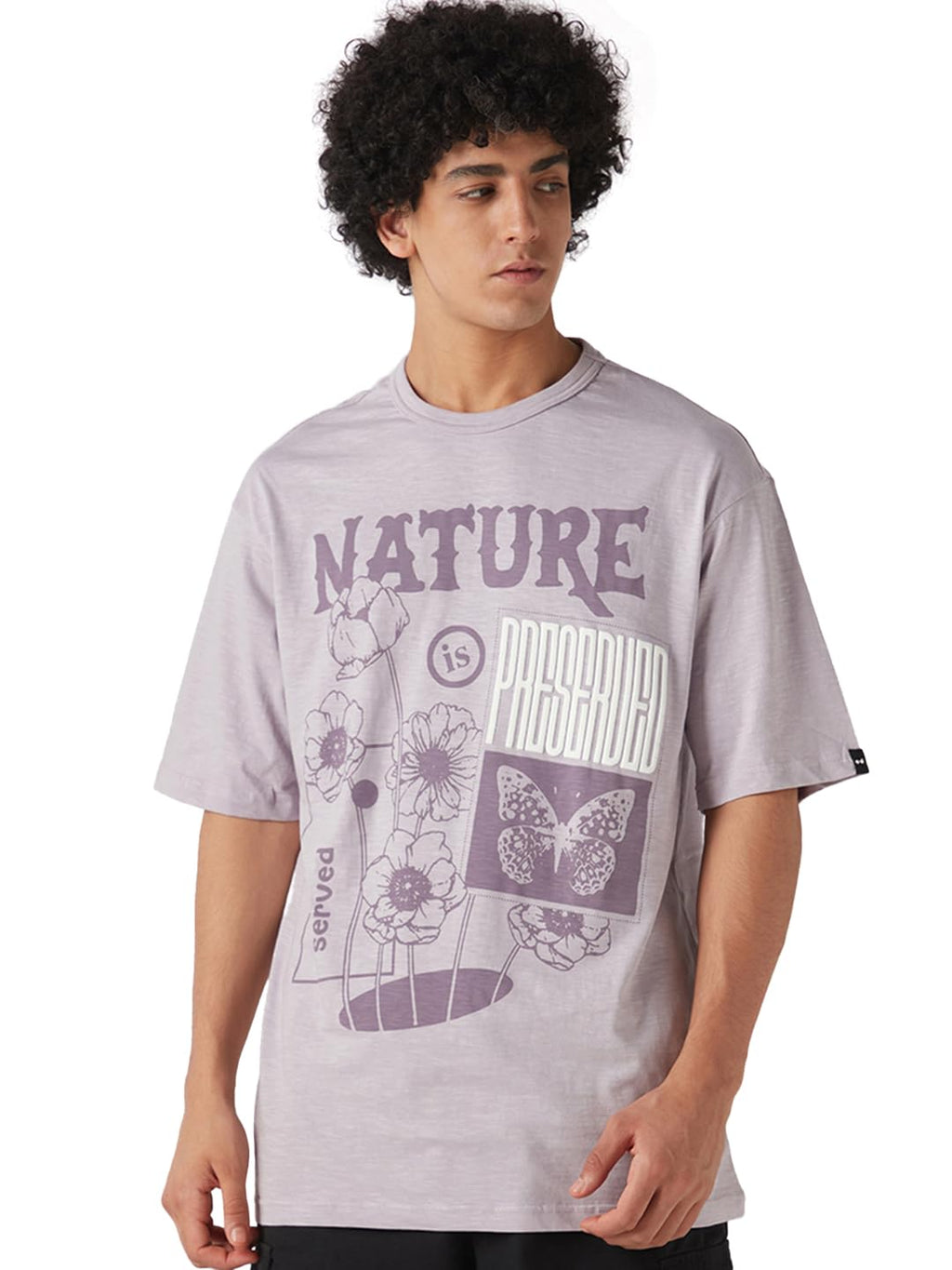 Bewakoof Air 1.0 Mens Graphic Printed Oversized Fit Half Sleeve Round Neck Cotton Slub T-Shirt_646581_Purple_M