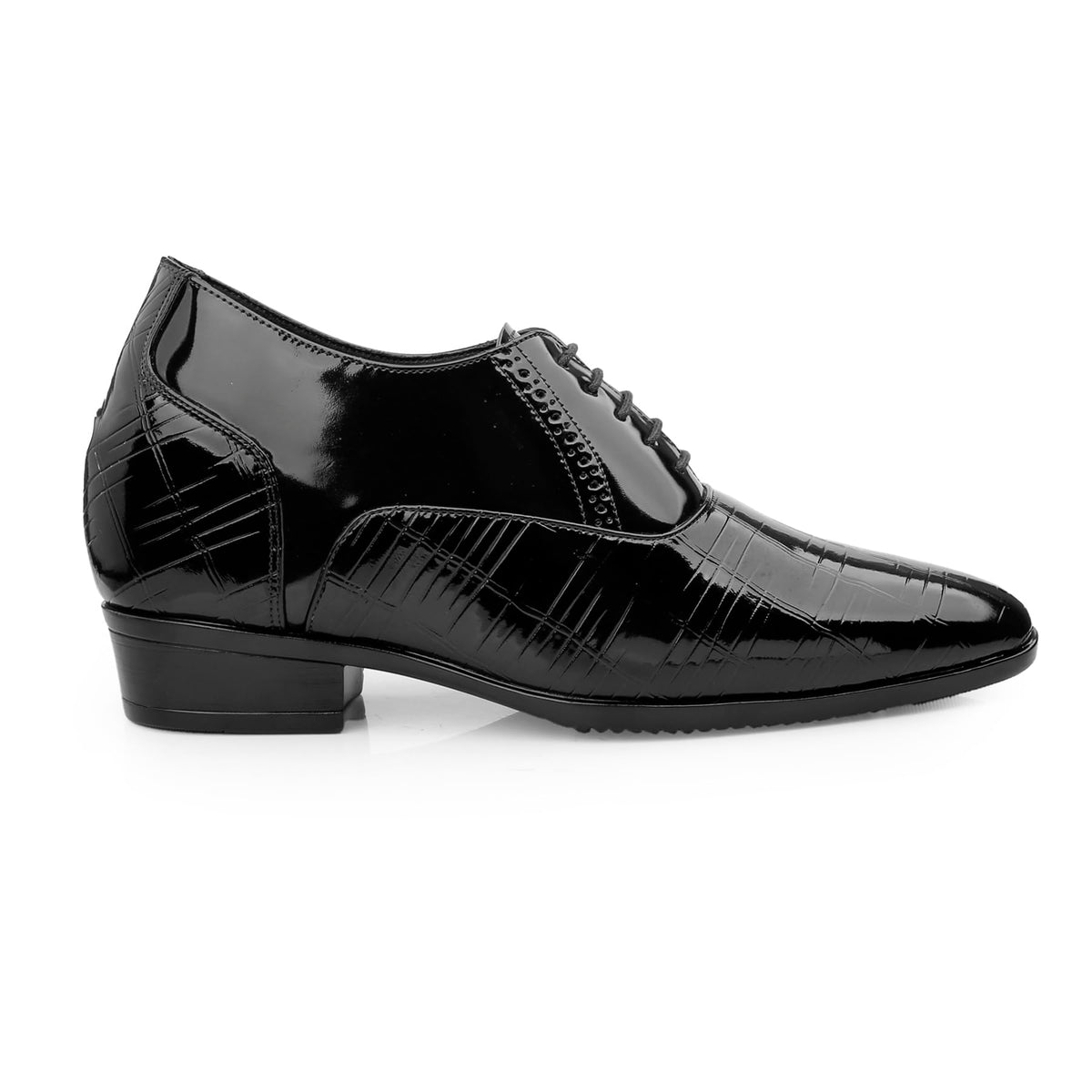 BXXY Mens 9 CM Hidden Height Increasing Patent Leather Material, Black Casual Brogue Formal Laceup Oxford Shoe. 5 UK 5
