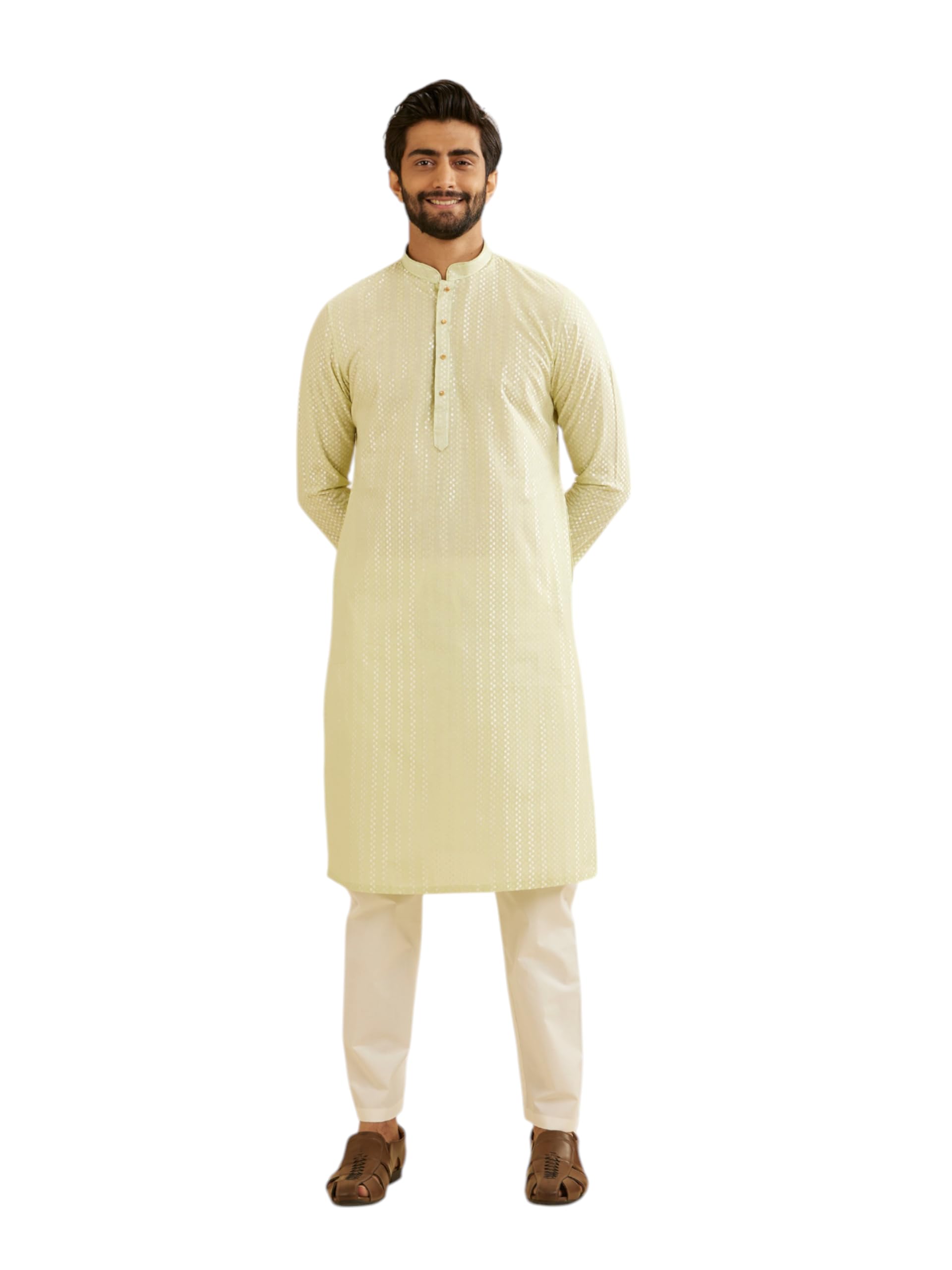 Manyavar Mens Cotton Embroidered|Zari Kurta Pyjama Set (Green,XXXL)