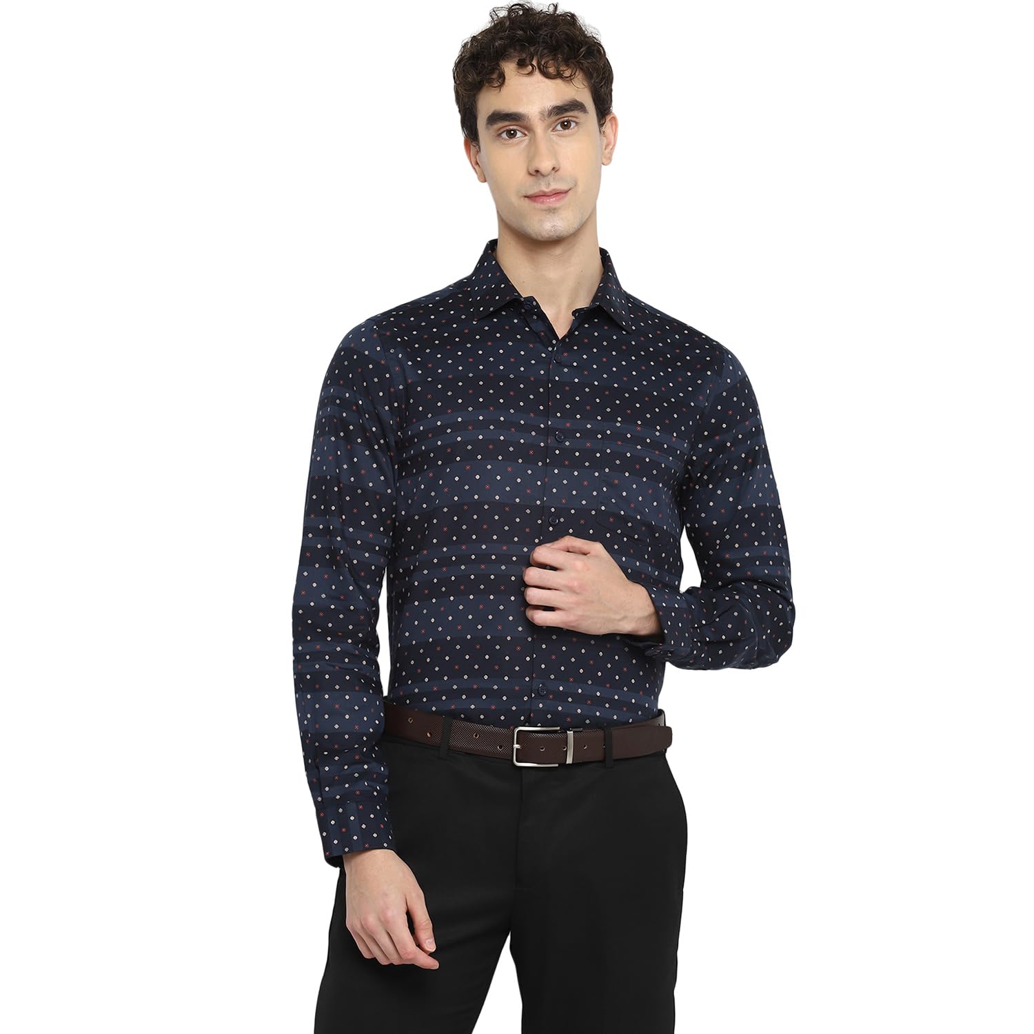 Turtle Men Cotton Lyocell Slim Fit Navy Printed Full Sleeve Formal Shirt