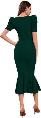 Satpurush WomenS Lycra Blend Sweet-Heart Neck Puff Sleeve Fit And Flared Calf Length Casual Bodycon Dress For Party, Office, Me
