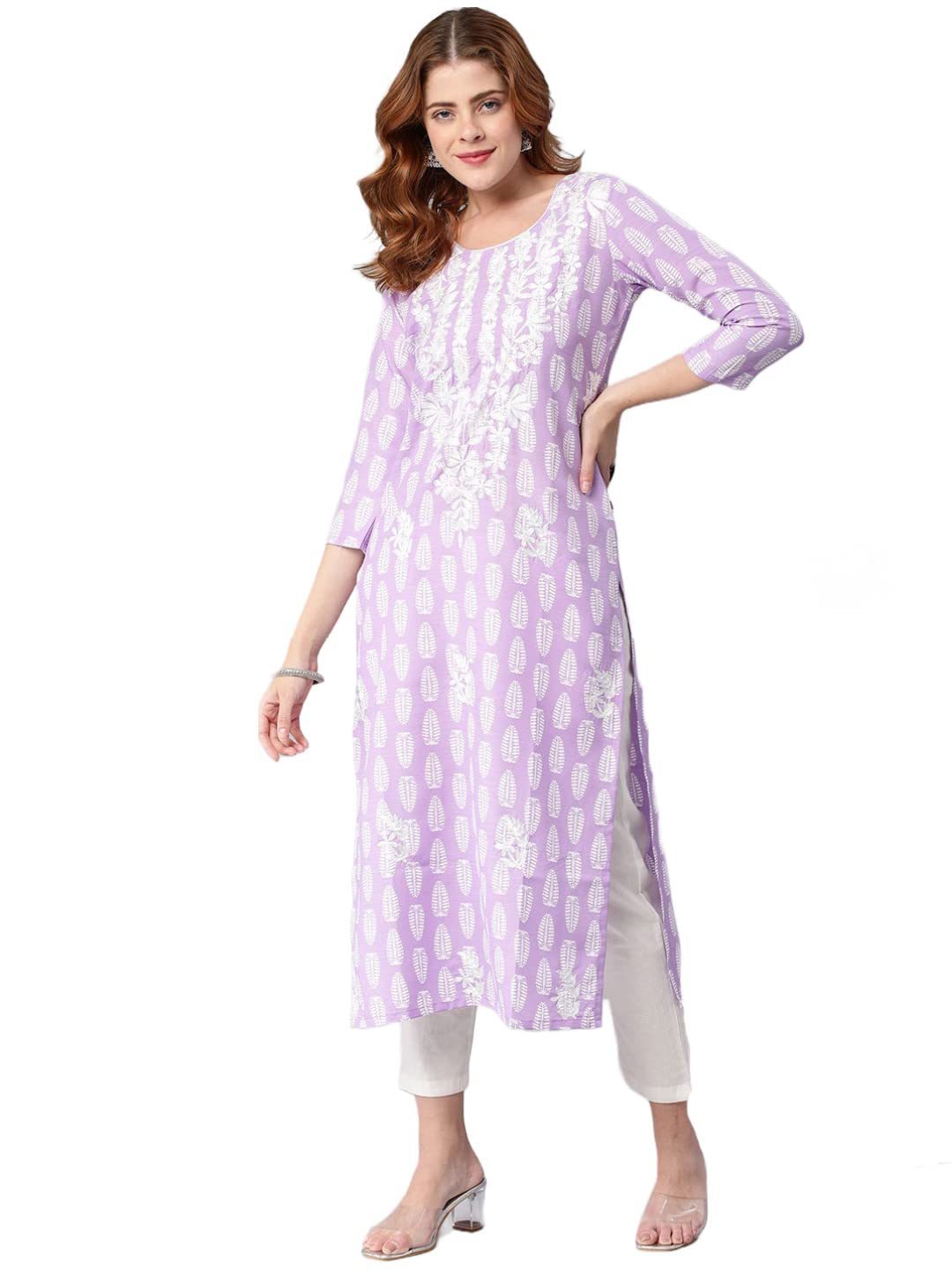 Gosriki Women'S Cotton Blend Printed Straight Chikankari Embroidered Kurta (Nal Purple-Gs_S_Purple_Small)