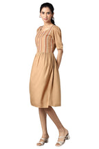 Aure Collection By Aurelia Beige Embroidered Dress With Gathers